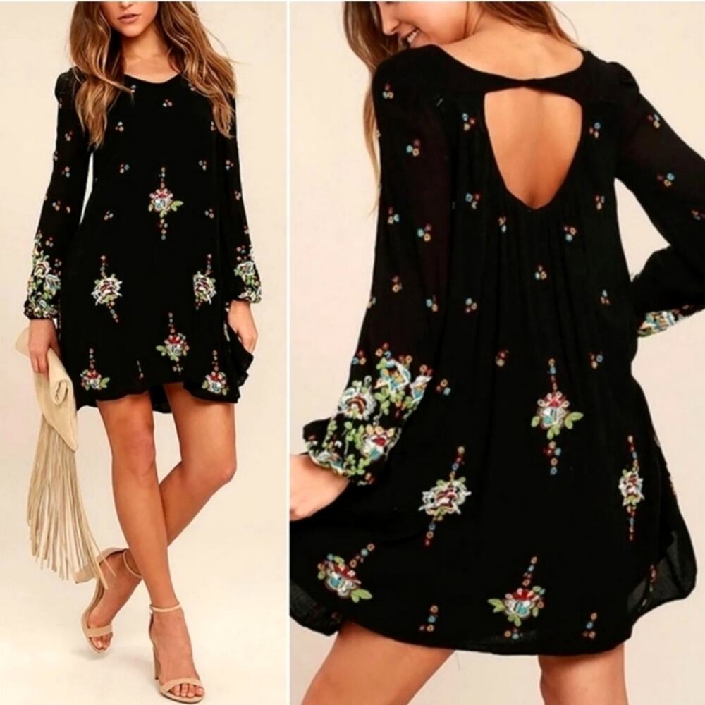 FREE PEOPLE Oxford Black Embroidered Mini Dress Boho Festival Size XS
